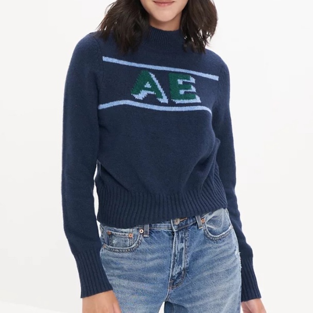 American Eagle Women Blue Logo Knit Mock Neck Sweater - Picture 12 of 12